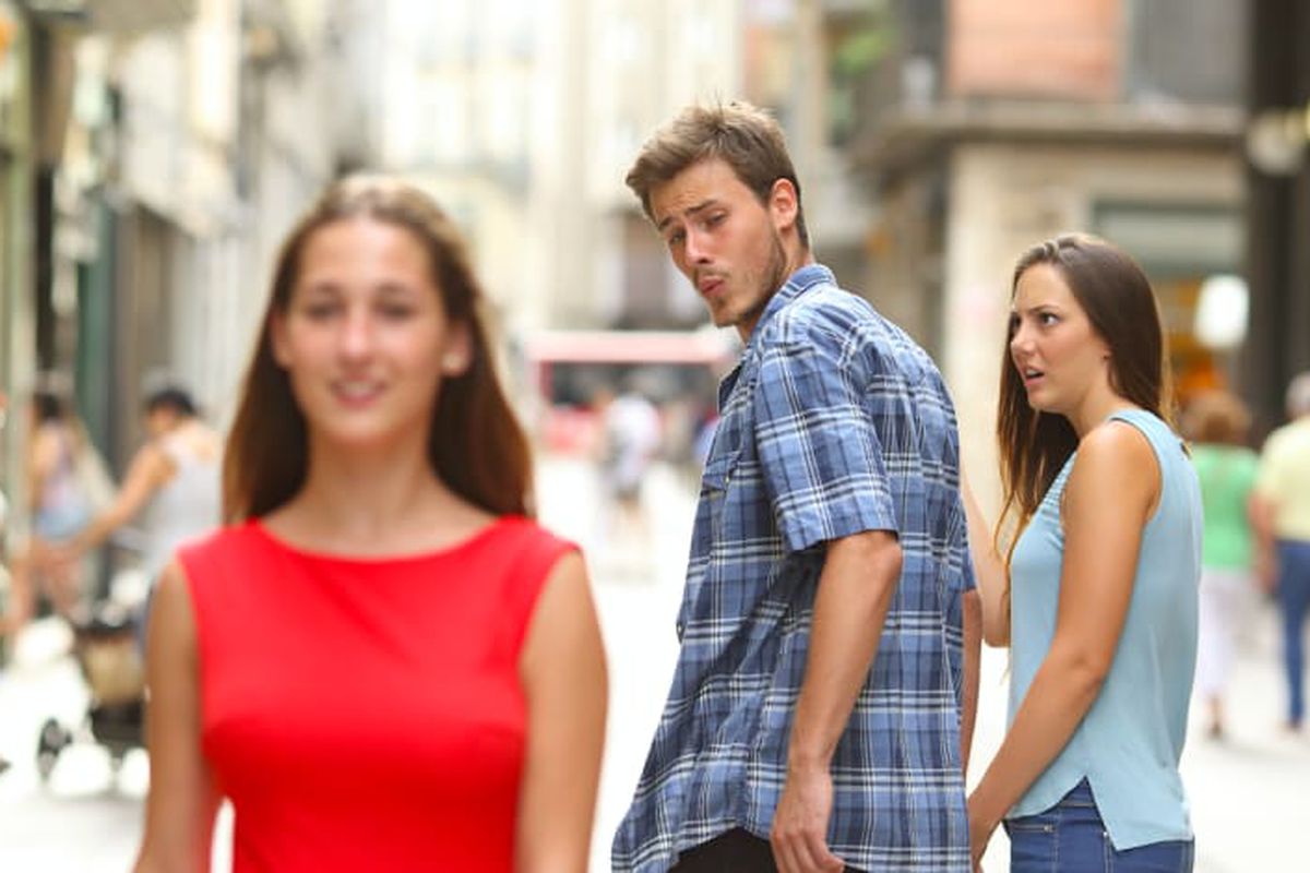 Distracted Boyfriend meme about Naked and Thriving