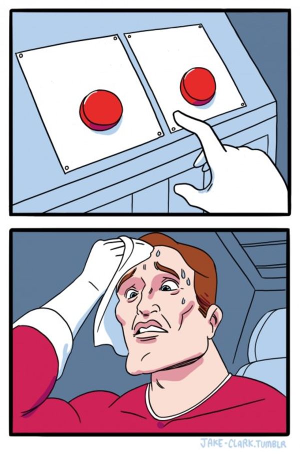 Two Buttons meme about Naked and Thriving