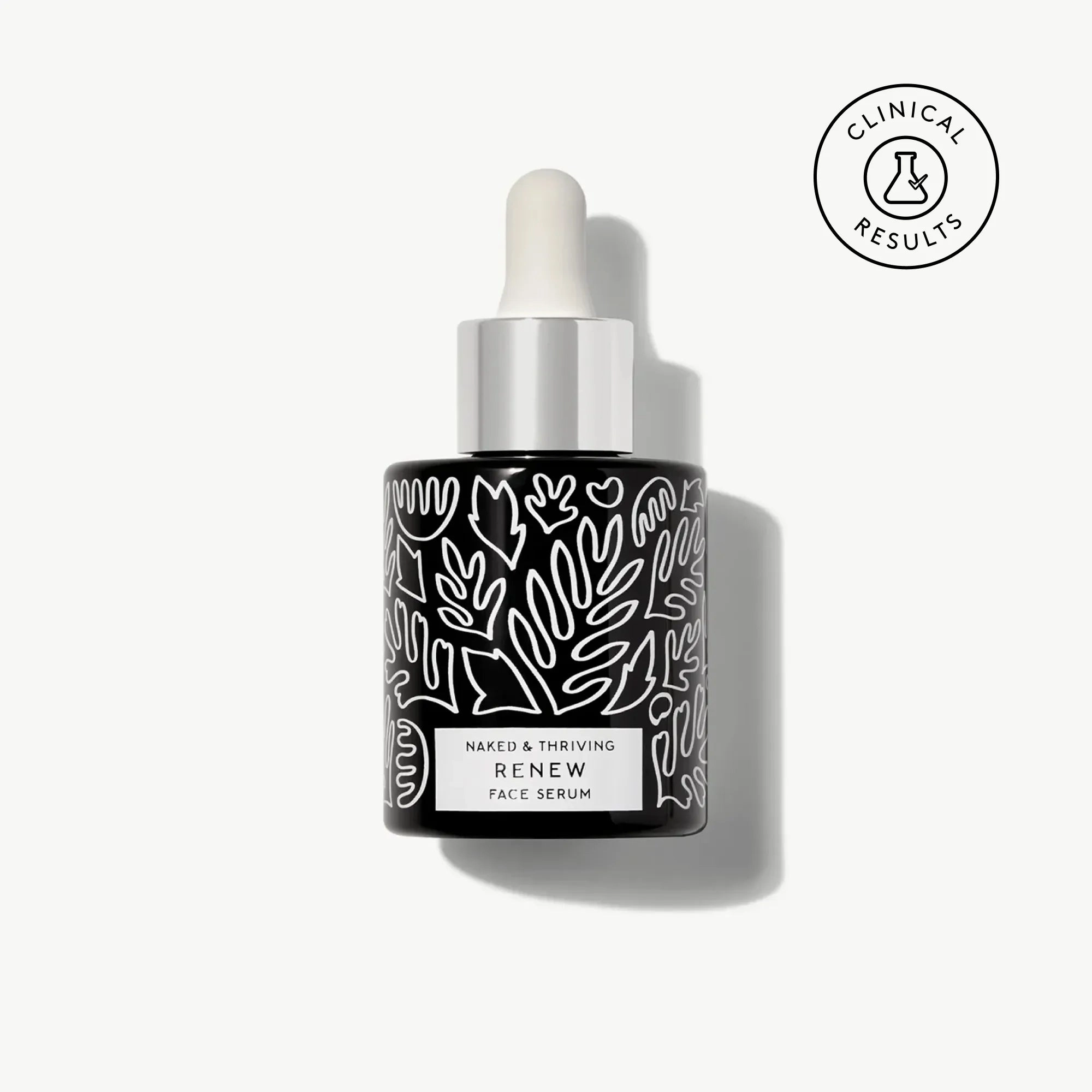 Naked & Thriving Renew Resurfacing Night Serum in a black glass dropper bottle with white botanical pattern
