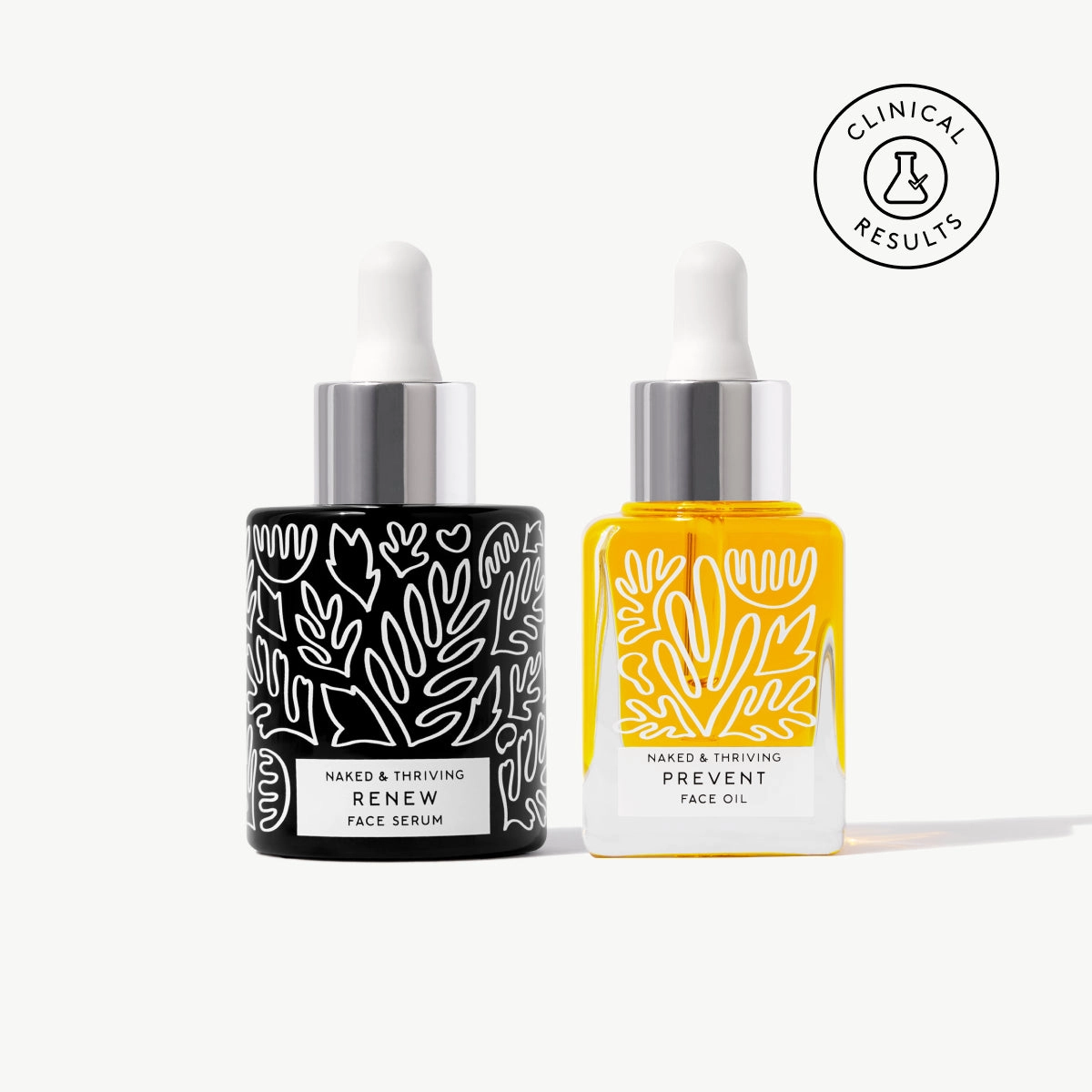 Naked & Thriving Bestsellers Anti-Aging Duo with Renew Resurfacing Night Serum and Prevent Anti-Aging Face Oil in botanical-patterned glass bottles