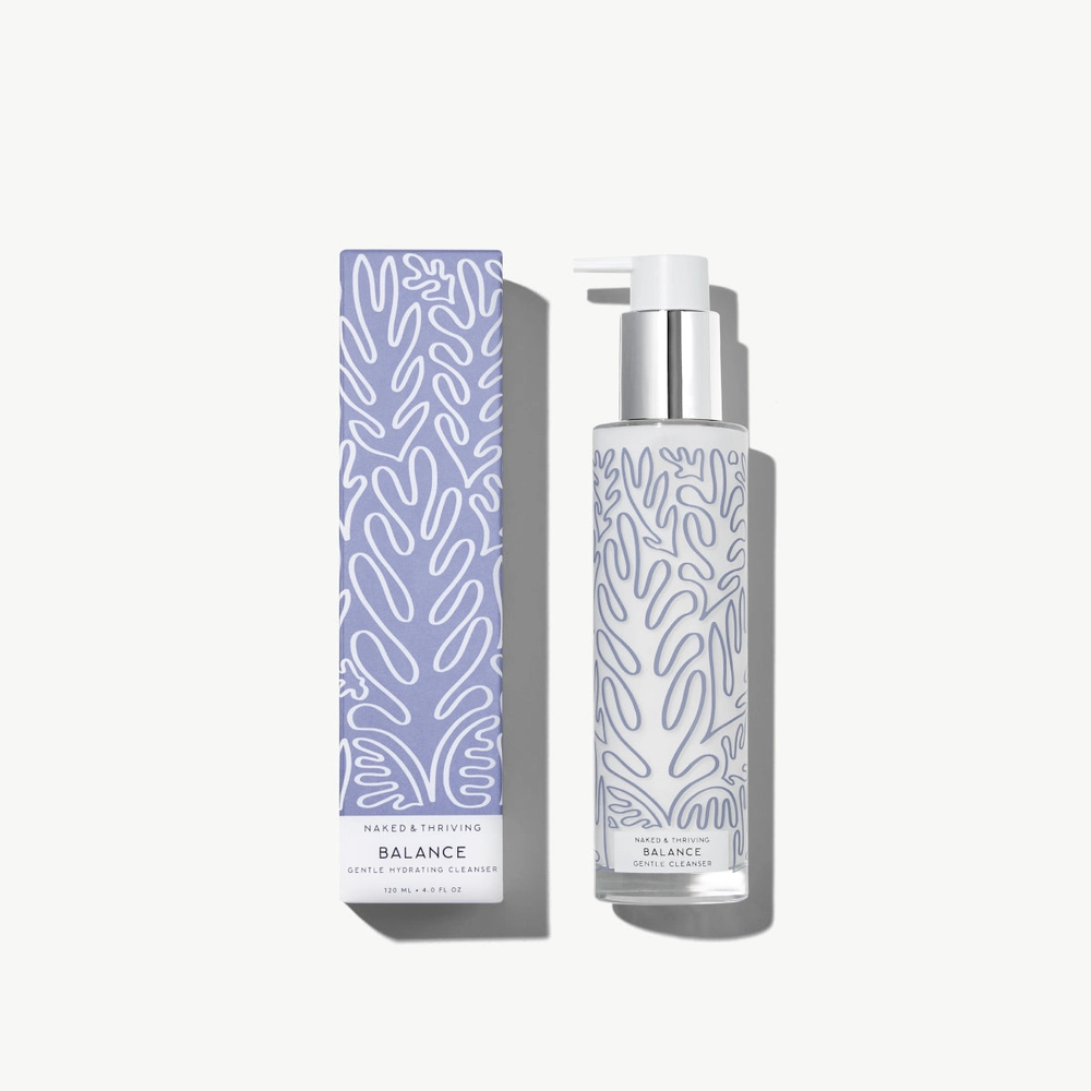 Balance Gentle Hydrating Cleanser in a clear glass bottle with botanical-patterned bottle and brand label