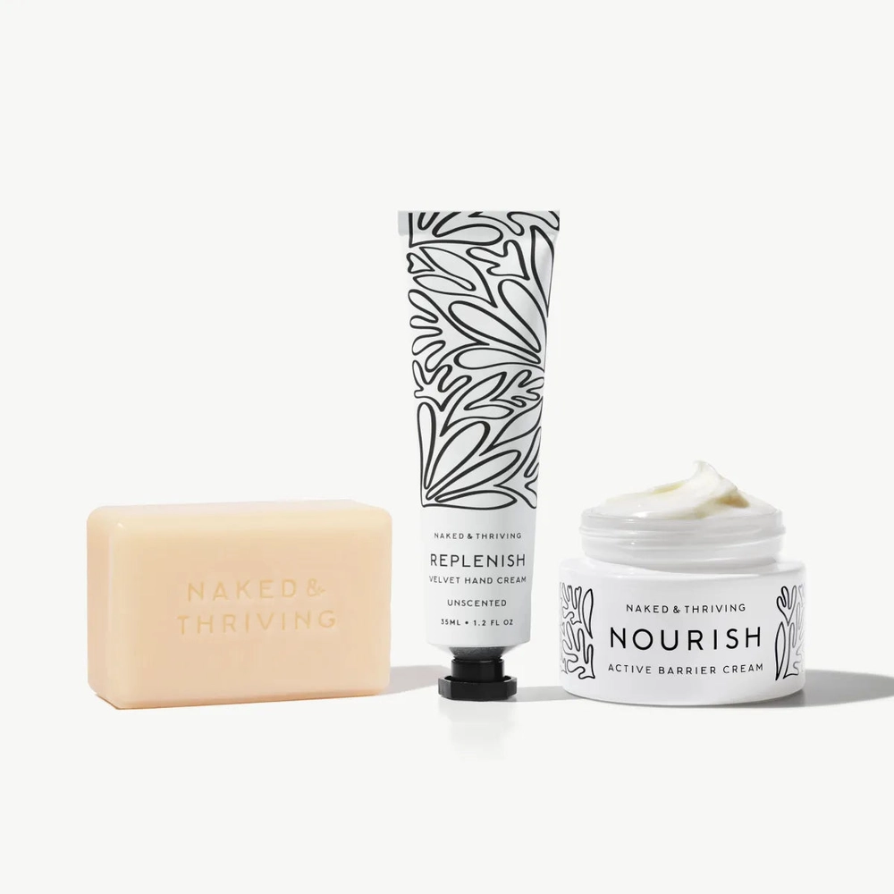 Gentle Replenish Set with cleansing bar, serum bottles and barrier cream